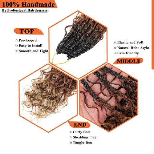 Flagship 9 Packs Goddess Box Braids Crochet Hair for Black Women,14 Inch Pre-looped Ombre 3Tone Crochet Braids with Curly Ends,Bohemian Hippie Box Braids Crochet Hair Curly Crochet Hair -1B/30/27