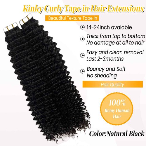 Curly Tape ins 20 pcs Kinky Curly Tape in Hair Extensions Human Hair Natrual Black for Women 16 Inch 50G