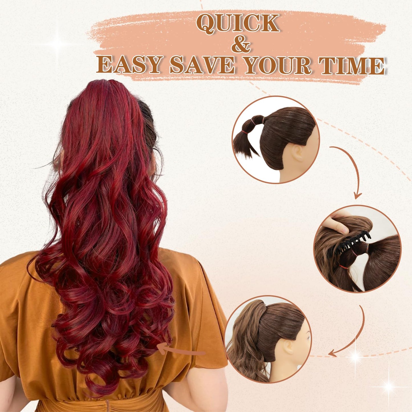 MORICA Burgandy Ponytail Extension Claw Ponytail Extension 24" Wavy Curly pony tails hair extensions Fake Hair Pieces for Women（24Inch，99J#）