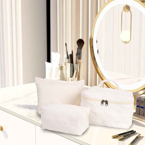 Sarrany White Quilted Makeup Bag, Cute Make Up Bag Organizer whith Shell Pattern, Cotton Cosmetic Bag for Women & Girls, Canvas Lined Pouch, Coquette Organizer purse(White Shell set of 3)