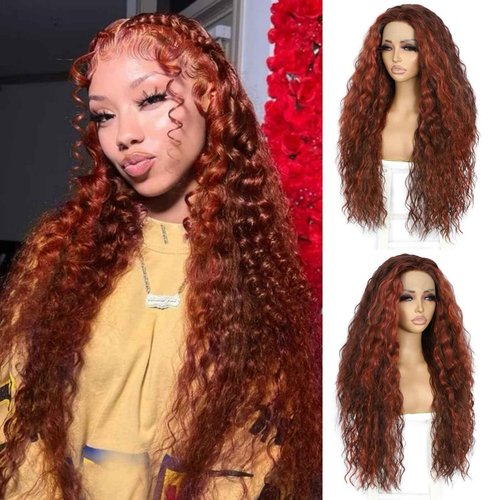 SAPPHIREWIGS Orange Curly Lace Front Wigs Glueless Deep Wave Highlight Orange with Brown Lace Front Wigs Synthetic Pre-plucked Heat Resistant Daily Halloween Wig 26inch