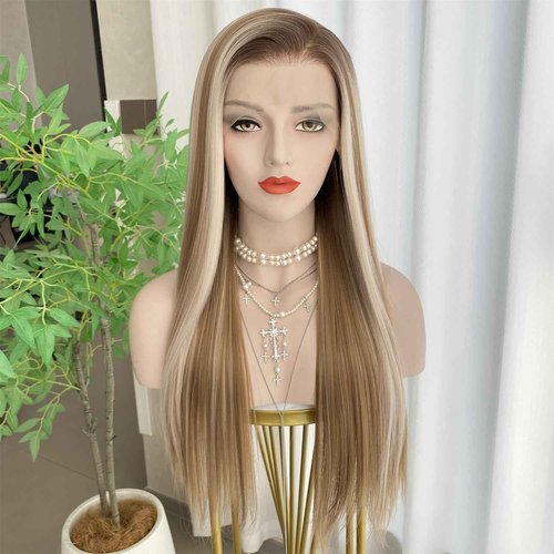VASTCURY Light Honey Blonde Wigs Highlight Platinum Ombre Color 13x4 Synthetic Fiber Lace Front Wig Long Silky Straight 22Inch Pre Plucked Hairline for Women