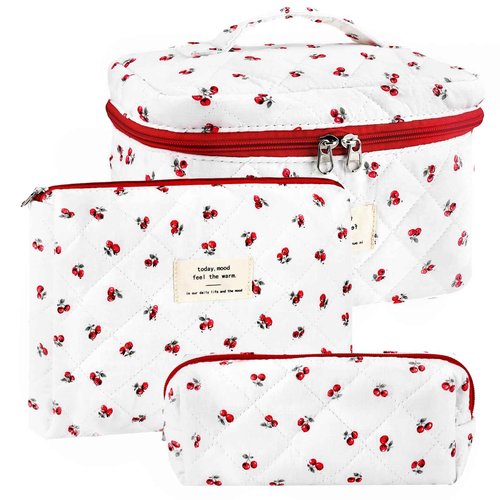 URSKYTOUS 3Pc Cotton Quilted Makeup Bag for Women Extra Large Coquette Small Floral Travel Cosmetic Bag Set Cute Cherry Makeup Pouch Portable Toiletry Bag Organizer Vintage Puffy Essential Storage Bag