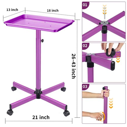 Wuissvnb Salon Tray, Tattoo Tray on Wheels, Premium Aluminum Salon Tray, Hair Stylist Tray, Tattoo Tray, Height Adjustable Rolling Service Tray(Purple)