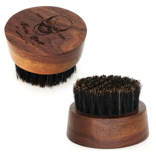 Menesia Boar Bristle Hair Beard Brush for Men, Small and Round Black Walnut Wood Beard Brush, Pocket Travel Men's Wooden Mustache Brush (Skull)