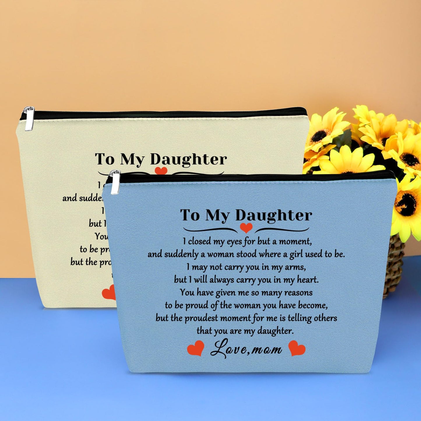 2 Pcs Daughter Inspirational Gifts Makeup Bag Daughter Gift from Mom to My Daughter Cosmetic Bag Christmas Birthday Wedding Gift for Daughter Bridal Shower Gift Travel Toiletry Bag (Blue + Beige)