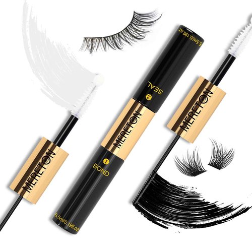 MERETON Lash Clusters Bond and Seal Glue Waterproof 48-72 Hours Long-Lasting, 2-in-1 Strong Hold Lash Glue for DIY Eyelash Extensions at Home （Black 5.5 ml / 0.18 oz）