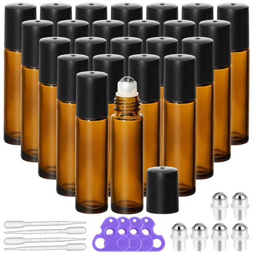 KEYWING 10ml Amber Roller Rottles for Essential Oils - 24PCS Glass Roll on Bottles with Black Caps & Stainless Steel Roller Balls, Empty Perfume Refillable Bottle for Travel