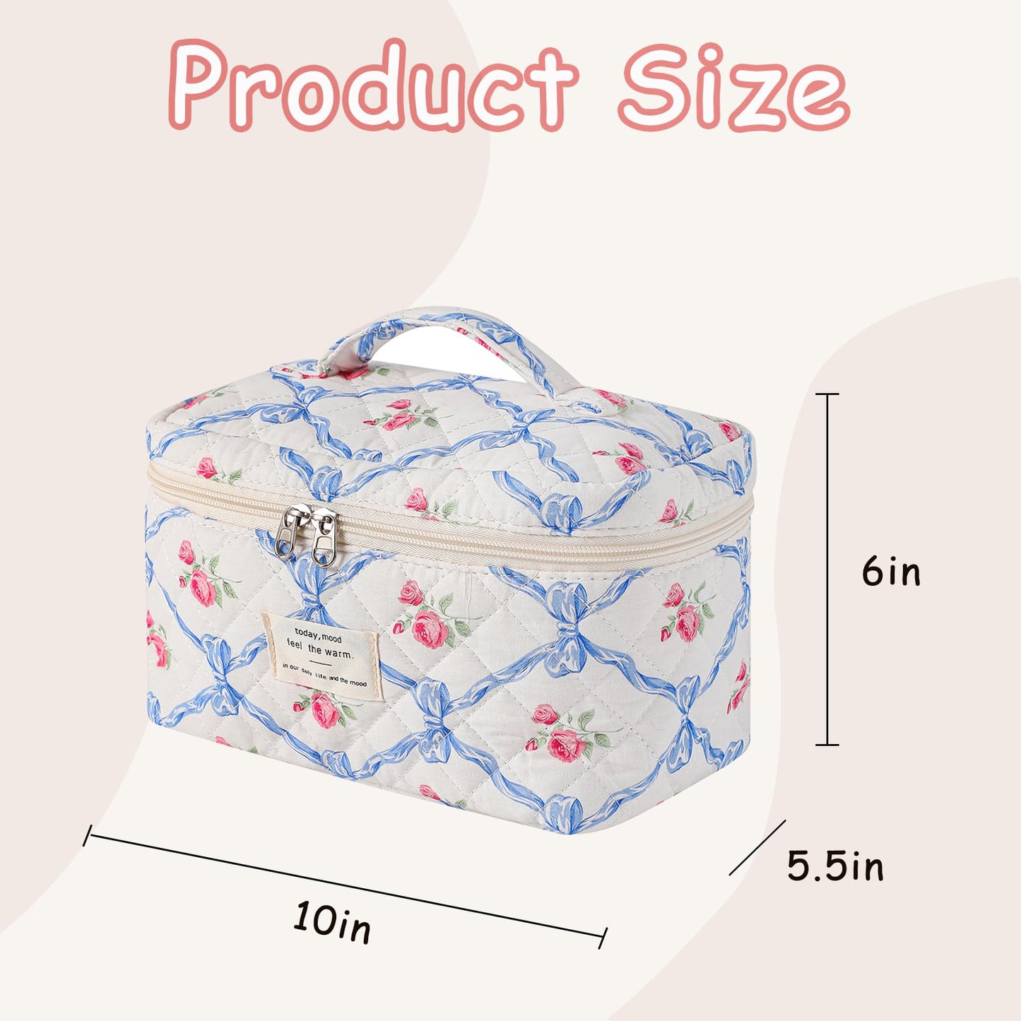 RSRSLEII Large Quilted Makeup Bag for Women and Girls, Cute Coquette Floral Cotton Cosmetic Bag, Aesthetic Travel Organized Toiletry Bags (02Blue Bows)