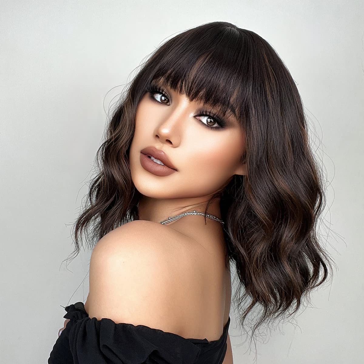 MAGQOO Dark Brown Wig Women Brown Highlight Wig Dark Brown Bob Wig Short Curly Wavy Dark Brown Wig with Bangs Synthetic Heat Resistant