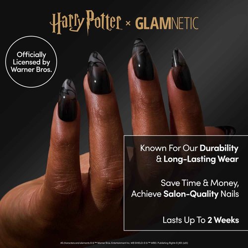 Glamnetic Press On Nails x Harry Potter™ - Dementor™ | Medium Almond Fake Nails with Smoky Black Gradient Tips, Salon Quality, Officially Licensed | 15 Sizes - 30 Nail Kit with Glue