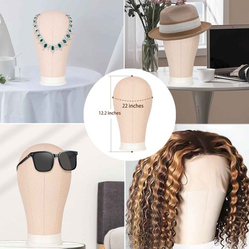 GHWMYD 22 Inch Canvas Wig Head Mannequin Head With 63in Tripod Stand, Manikin Canvas Head Set for Wigs Making Display Styling with Tripod Table Clamp Wig Caps Pins Set Hair Brush, Clips(Beige)
