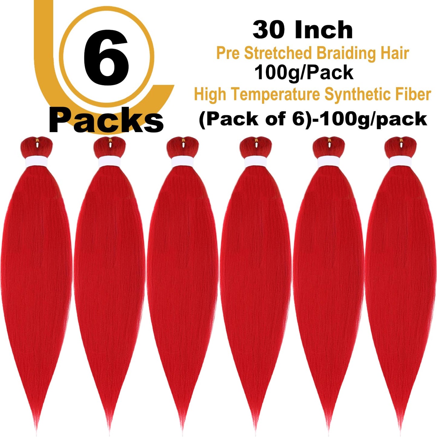 FYRLNA 6 Packs 30 Inch Pre Stretched Braiding Hair High Temperature Synthetic Fiber Pre Stretched Ombre Braiding Hair Hot Water Setting For Crochet Twist Braids (30 Inch (Pack of 6), Red)