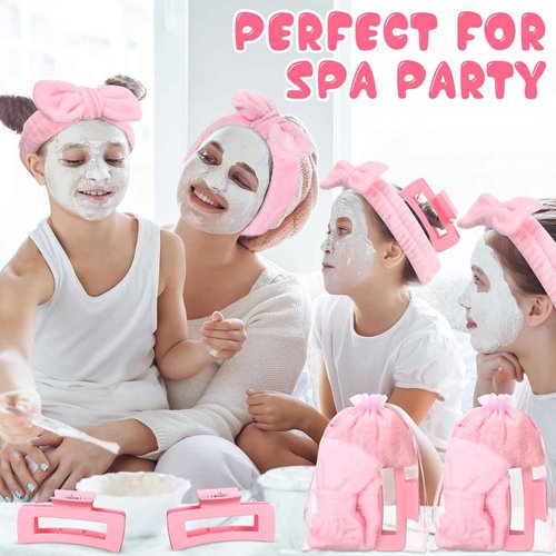 Wavyknot 48 Pcs Spa Party Supplies Sleep over Essentials 12 Pink Spa Headband 12 Pink Plush Sleep Eye Mask 12 Claw Clips 12 Organza Bags for Slumber Party Christmas Gift