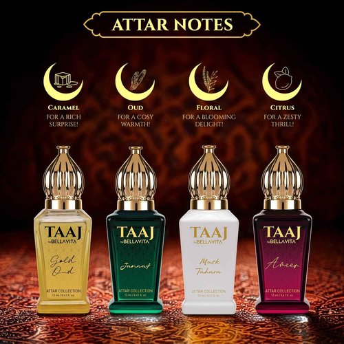 BELLAVITA Luxury Taaj Attar | Long Lasting Unisex Gift Set for Man and Woman 4x12ml | Caramel, Lemon, Cinnamon, and Musk | Non-Alcoholic Roll On | Oud, Floral, Musk | Attar for Men and Women