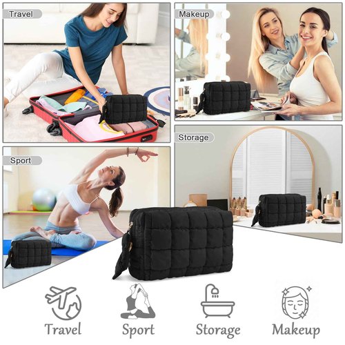 Puffer Quilted Makeup Bag Cosmetic Bags,Puffy Travel Toiletry Pouch for Women,Cute Checkered Zipper Bag Travel Essential,Portable Aesthetic Make up Organizer Bag for Gifts Work Daily(Black,M)