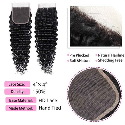 4x4 Hd Lace Closure Human Hair 20 Inch Free Part Deep Wave Closure Virgin Remy Curly Human Hair for Women Transparent Lace Closures Pre Plucked Natural Black