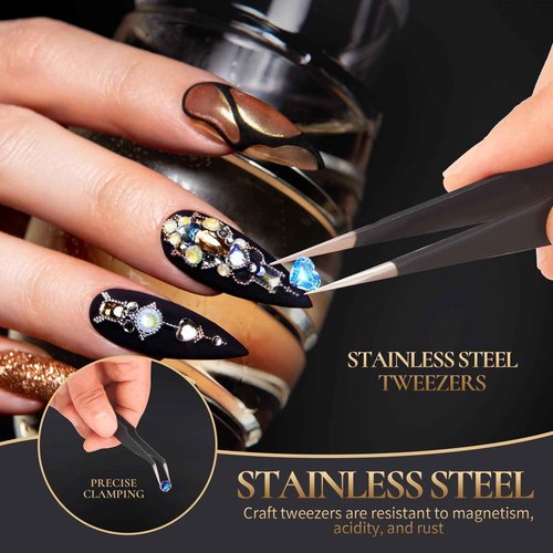 KLDKUST Stainless Steel Eyelash Extension Tweezers (Straight & Curved Tip) & Eyelash Brushes (4PCS, Black) for Eyelash Extension Applications