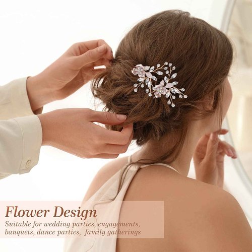 4 Pieces Bridal Rose Gold Hair Accessories for Brides and Bridesmaids Rhinestone Hair Pins Crystal Flower Barrette Wedding Combs with Leaves