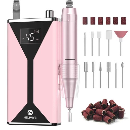 HELIVIVE Professional Electric Nail Drill 45000RPM (Portable & Rechargeable) (with 11 Drill Bits ) Cordless Nail File Machine for Shaping, Polishing & Removing Gel Nails for Salon Home (Pink)