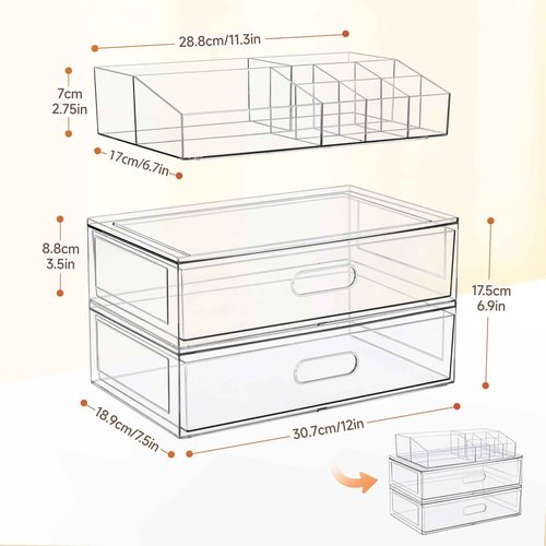Clear Stackable Makeup Organizer with Drawer, 12''W Acrylic Storage Drawers, Cosmetic Display Case for Vanity Bathroom Countertop, Beauty Holder for Lipstick Brush Skincare Perfume (5 Pack)