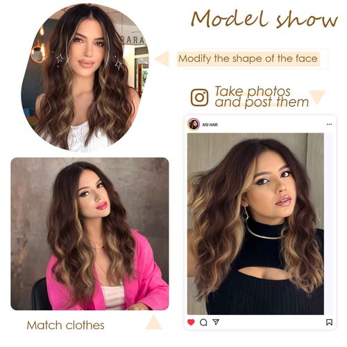AISI HAIR Highlights Brown Wig for Women Medium Length Wave Curly Glueless Synthetic Heat Resistant Hair Wigs for Daily Party Cosplay