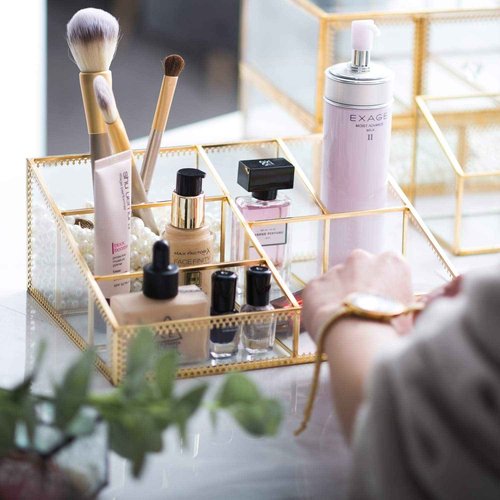 Makeup Organizer Antique Countertop Cosmetic Storage Box Glass Beauty Display, Gold Spin Large Capacity Holder for Brushes Lipsticks Skincare Toner