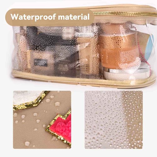 MEEJUNE Portable Chenille Letter Clear Preppy Makeup Zipper Bag Waterproof Foldable Organizer Travel Storage Purse For Vacation Travel, Bathroom