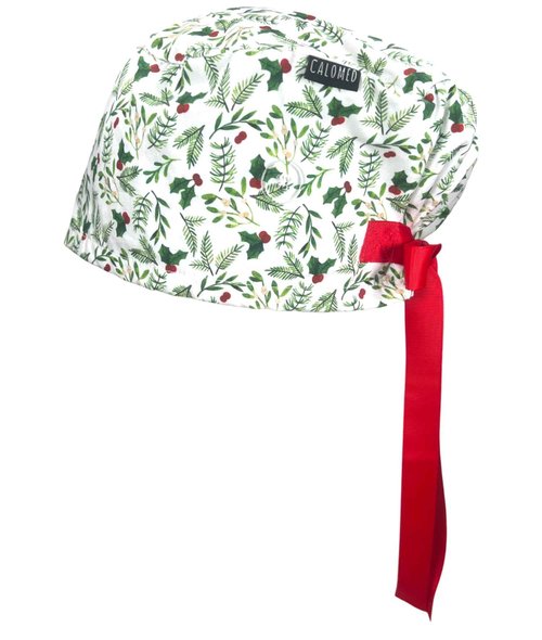 CALOMED Scrub Cap for Women, Euro Style Scrub Caps, Working Hat, Head Cover with Ribbons and Buttons, Long or Short Hair (Christmas Hollyberries)