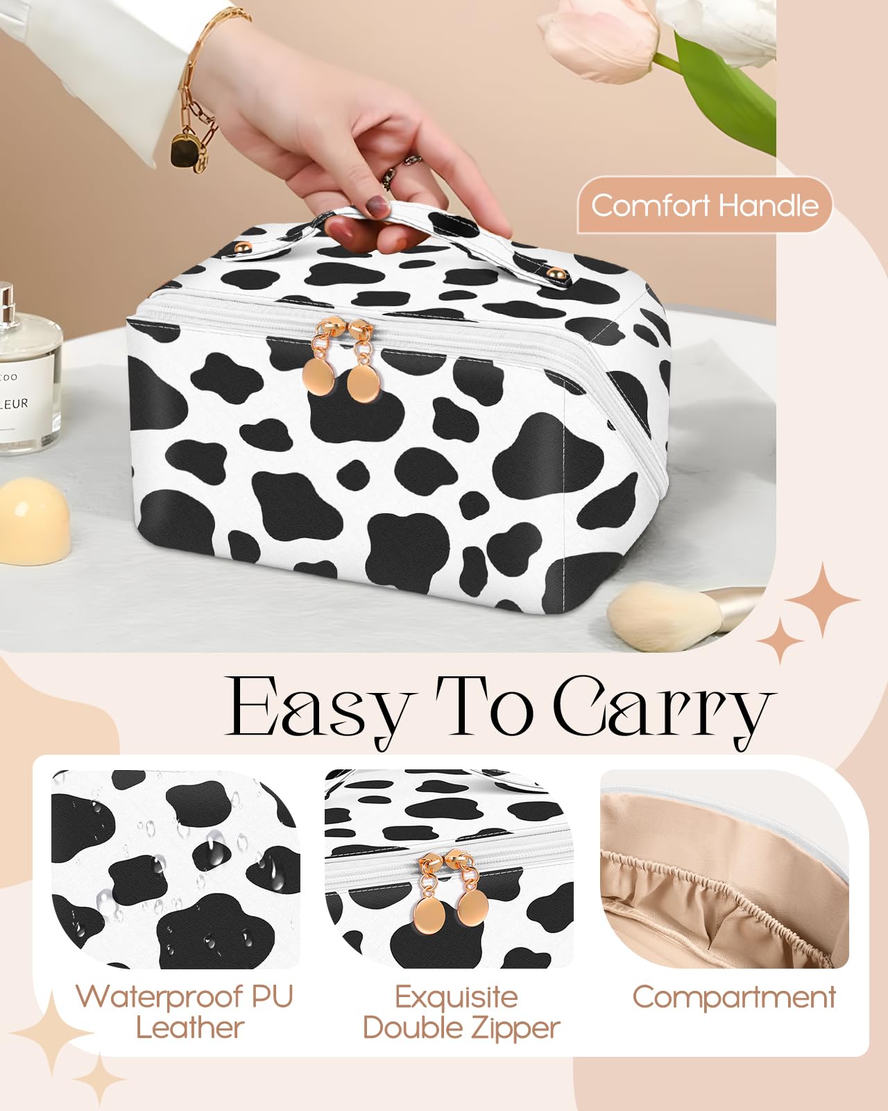 Bistup Makeup Bag Travel Cosmetic Bag Toiletry Make Up Bags Cute Women Large Capacity Big Medium Leather Cow Print Aesthetic Girl Teen Teenage Square Foldable Expandable Open Flat Zip