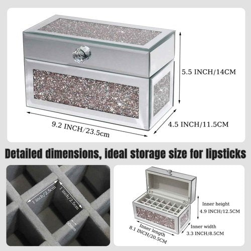 joyshiny 21 Spaces Lipstick Organizer with Lid,Lip Gloss Rollerball Perfume Holder for Vanity,Crushed Diamond Home Decor,Gift idea(9.2" L x 4.5" W x 5.5" H)