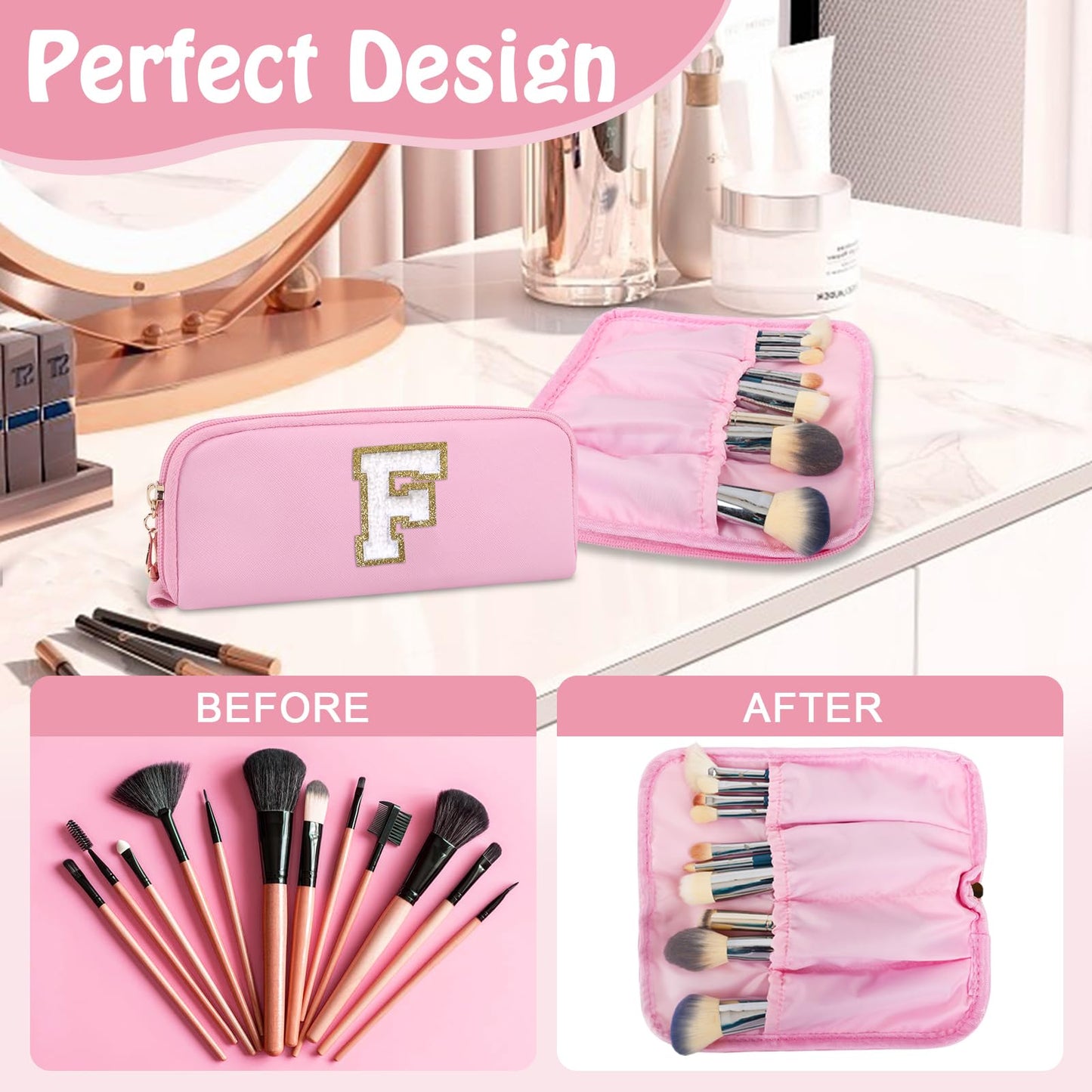 2 Pack Personalized Initial Cosmetic Bag with Small Makeup Brush Bag, Pink Cute Preppy Cosmetic Travel Toiletry Zipper Pouch, Waterproof Make Up Brush Bag Gift for Friends Female Friendship(Letter F)