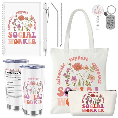 Jiytivity 7 Pcs Social Worker Gifts Set for Women Include Canvas Bag Cosmetic Bag 20 oz Thermos Cup Keychain Badge Holder Notebook Pen for Volunteers School Social Worker Gift