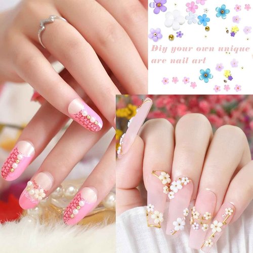 FOIMAS 3D Flower Nail Charms,3 Boxes Flower Acrylic Nail Art Rhinestones with Gold Silver Pearl Beads Tweezer for DIY Nail Art Decoration Supply