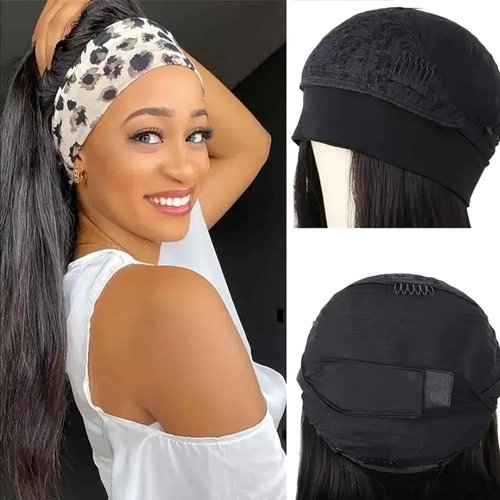 Headband Wig Human Hair Straight Headband Wigs for Black Women Glueless None Lace Front Human Hair Half Wig Brazilian Virgin Hair Machine Made Wigs Natural Color 150% Density 12 Inch