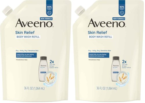 Aveeno Skin Relief Fragrance-Free Body Wash Refill with Oat to Soothe Itchy, Dry Skin, Gentle, Formulated without Soaps, Dyes, Parabens, Phthalates & Alcohol, for Sensitive Skin, 36 fl. oz (Pack of 2)