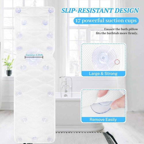 TranquilRelax Bath Pillow for Tub with Laundry Bag & 17 Non-Slip Suction Cups, Extra Thick and Soft Bathtub Pillow for Head, Neck & Shoulder Support, 51" x 16" White