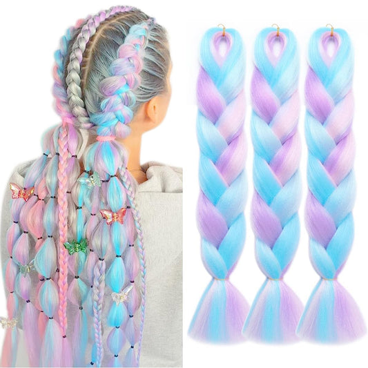 MAYSA Jumbo Braiding Hair Extensions Colorful Braiding Hair 24in 3Packs Synthetic Mix Rainbow Braiding Hair #Pink-Purple-Blue-Green