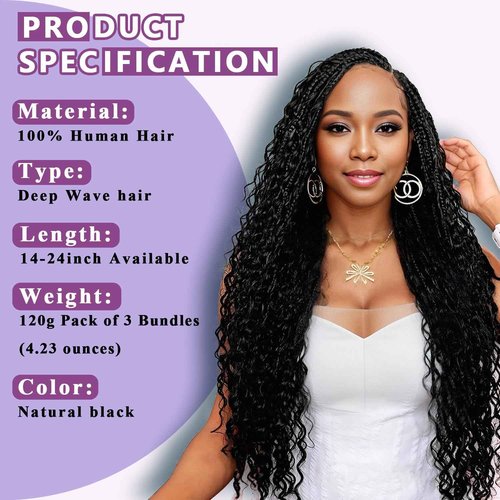 Afihond Human Braiding Hair For Boho Braids 120g Deep Wave Bulk Human Hair for Braiding Knotless 12A 100% Unprocessed Brazilian Virgin Hair Extensions Bulk Bohemian 3 Bundles Natural Color 18inch