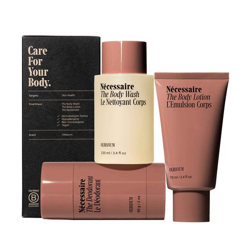 Nécessaire Body Essentials - Skin Care Gift Set For Women + Men - Travel-Size Body Wash, Body Lotion + Deodorant | Dermatologist-Tested. Hypoallergenic | Vegan | Aluminum-Free Deodorant (Olibanum)