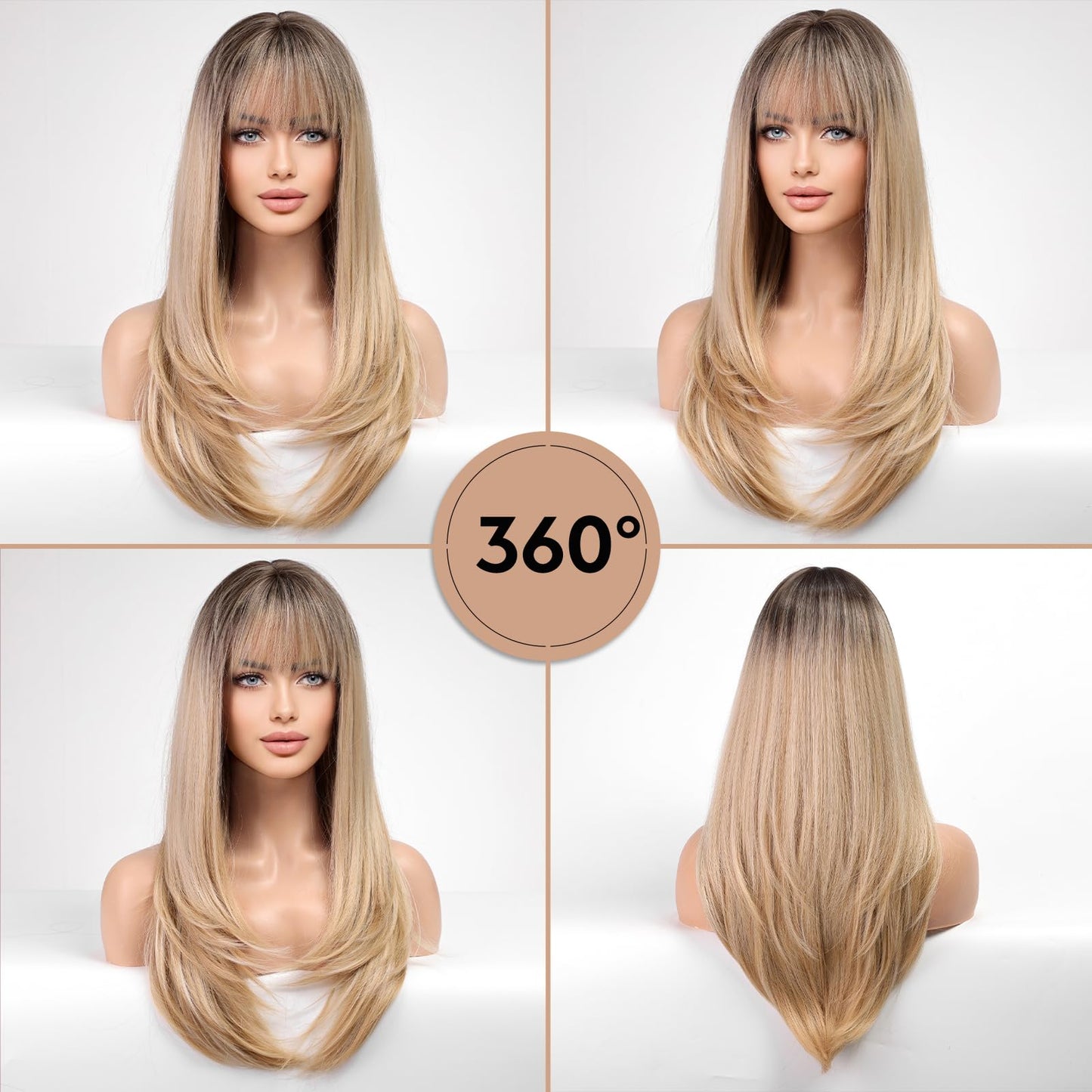 HAIRCUBE Long Blonde Wigs for Women Straight Synthetic Layered Wig with Bangs and Dark Roots