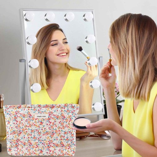 URSKYTOUS Cotton Quilted Makeup Bag for Women Coquette Floral Cosmetic Bag Cute Zipper Cloth Makeup Pouch for Purse Trendy Aesthetic Orange Flower Makeup Bag Travel Skincare Toiletry Bag Organizer