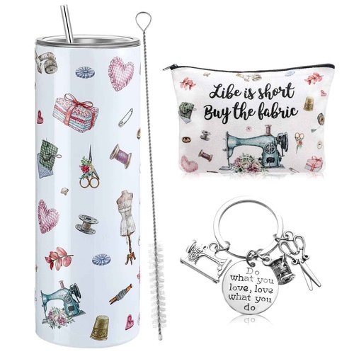 Abbylike 3 Pcs Sewing Quilter Gifts with 20oz Stainless Steel Tumbler Cosmetic Bag Keychain Funny Quilting Birthday Gifts for Seamstress Women Sewing Lovers