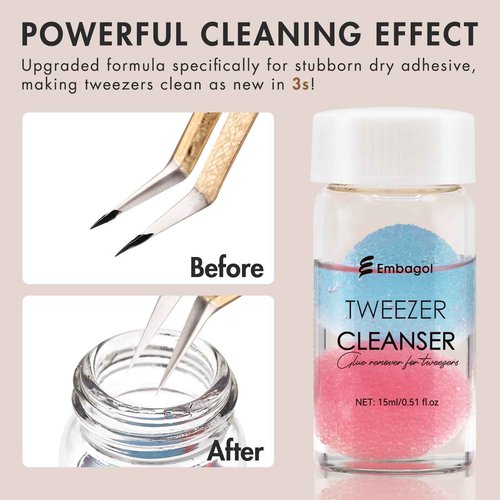 Embagol 2 Bottles Tweezer Cleanser for Eyelash Extensions Tweezers Glue Remover Liquid for Lash Tools with 2 Spongeballs(2 Bottles Cleanser)