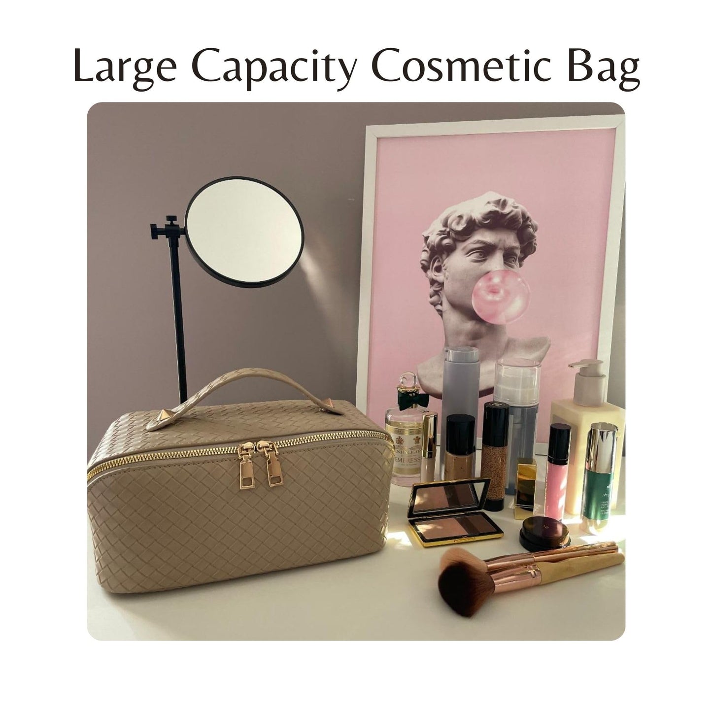 Large Capacity Travel Makeup Bag, Waterproof PU Leather Toiletry Bag for Women, Travel cosmetic bag with handle and divider. Large Cosmetic Organizer for Women. (Beige)