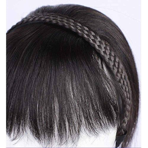 16" Women Human Hair Braided Headband Hairpiece Natural Looking Hairband Braids Human Hair Topper with Bangs Twist Braid Clip in Human Hair Extension Natural Black