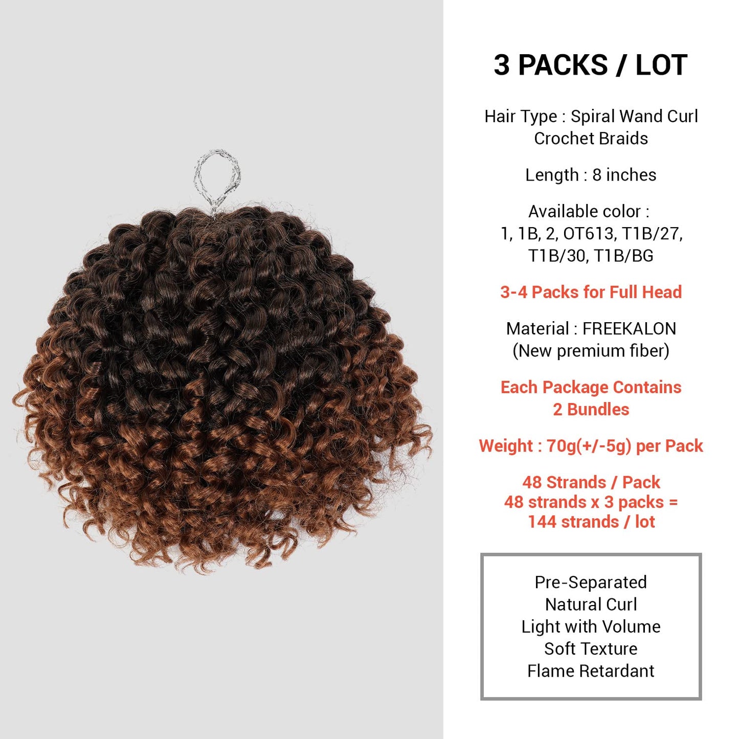 6 Bundle (3 Pack) 8 Inch AU-THEN-TIC 2X Spiral Wand Curl Crochet Braids Jamaican Bounce Curly for Black Women Syntheric Hair Extensions FreeKalon Fiber (3-Pack, T1B/30-tipped Off Black & LightAuburn)