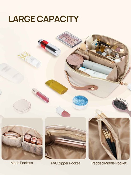 Telena Leather Make Up Bag Portable Travel Makeup Bag Waterproof Cosmetic Bags for Women Large Capacity With Handle and Divider Open Flat