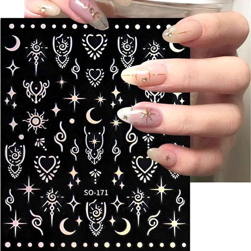 12 Sheets Star Nail Art Stickers Decals 3D Self-Adhesive Silver Gold Moon Nail Stickers Aurora Rose Gold Nail Decals Supplies for Nail Art Design Accessories for Women