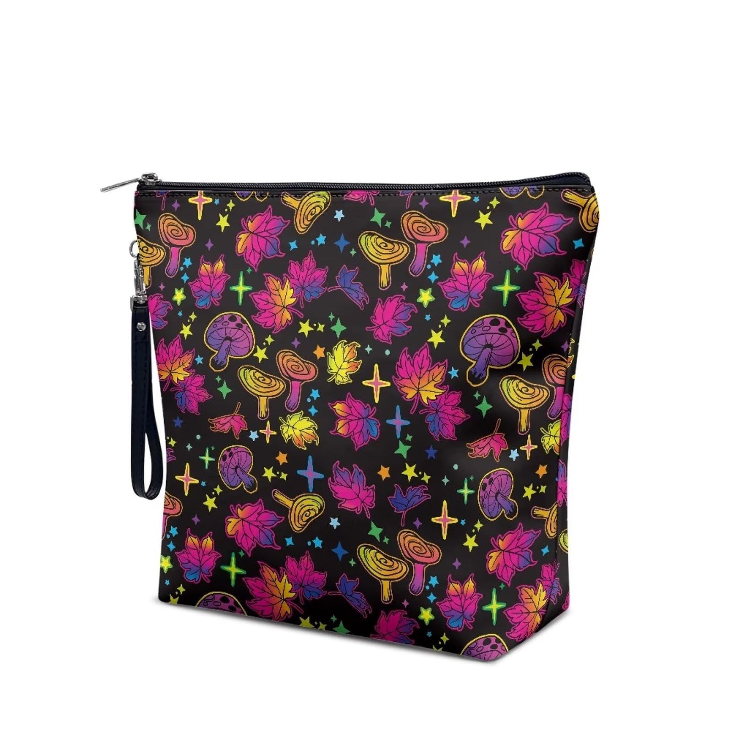 Wanzuoeng Hippie Mushroom Large Capacity Makeup Bag for Women, Maple Leaf Print Cosmetic Bag, Durable Handle Zipper Travel Bag, Brush Tool Organizer Toiletry Bag